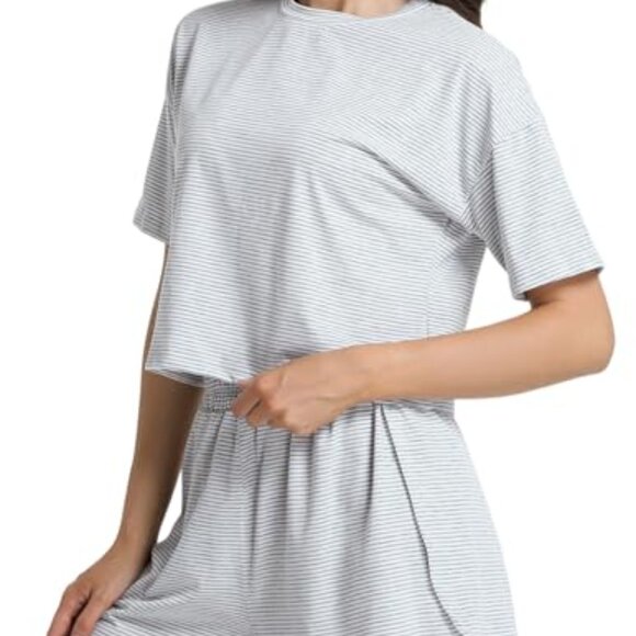 Soft Striped Pajama Set with Elastic Waist Shorts, Lounge Sleepwear - Picture 3 of 8
